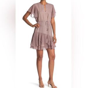 Reiss Anna Printed Flippy Dress Knee Length Short Ruffle Sleeve Women 10 Cream